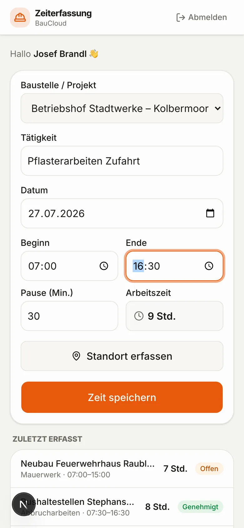BauCloud CRM: mobile Stempeluhr für Mitarbeiter auf der Baustelle